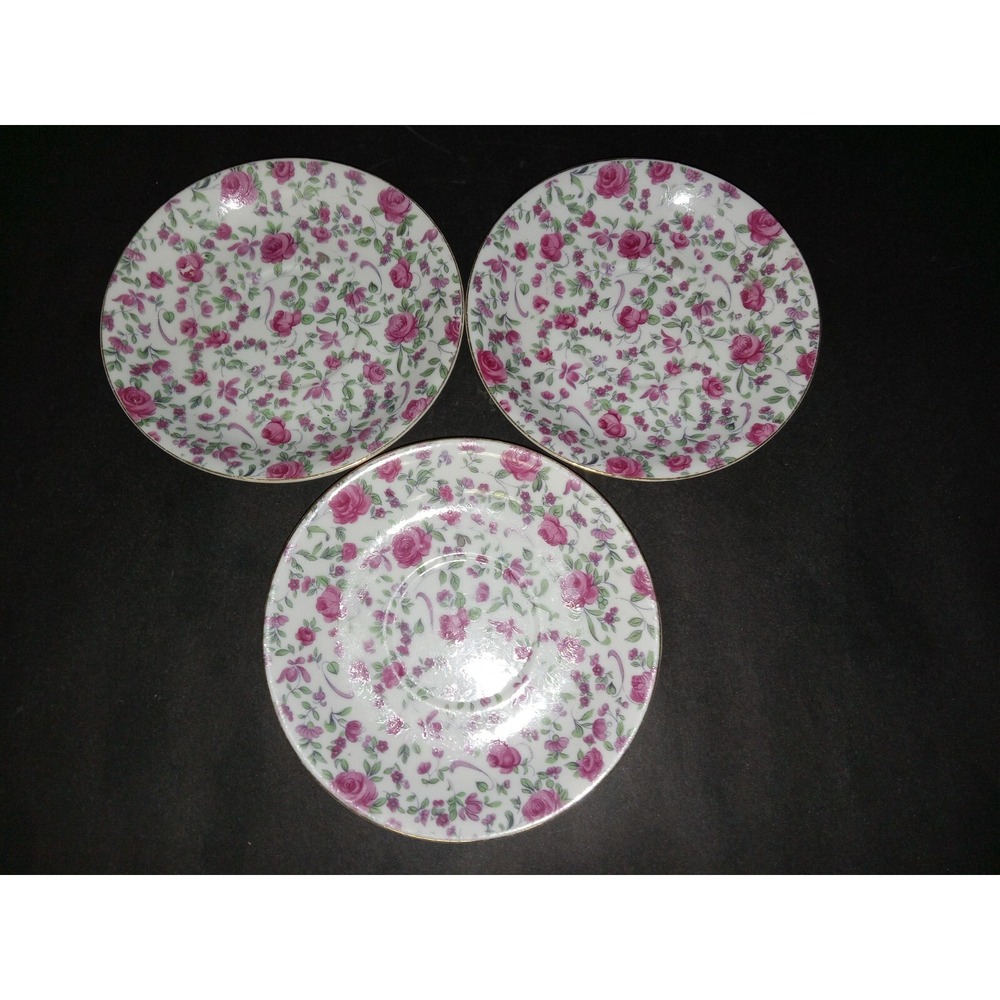 Vintage Inarco Japan Chintz Pink Roses Demitasse Small Saucer set of 4